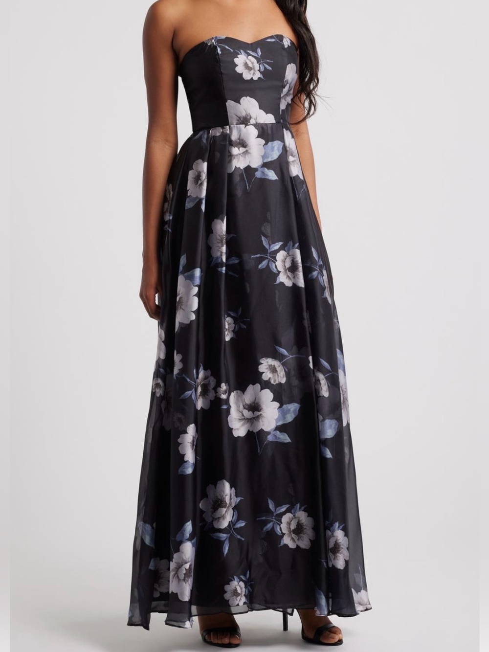 Lulu's Black Maxi Dress with Blue & White Floral Print